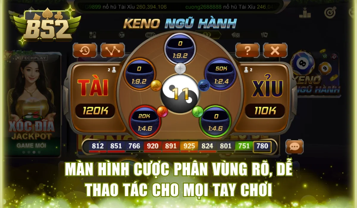 Màn hình cược phân vùng rõ, dễ thao tác cho mọi tay chơi